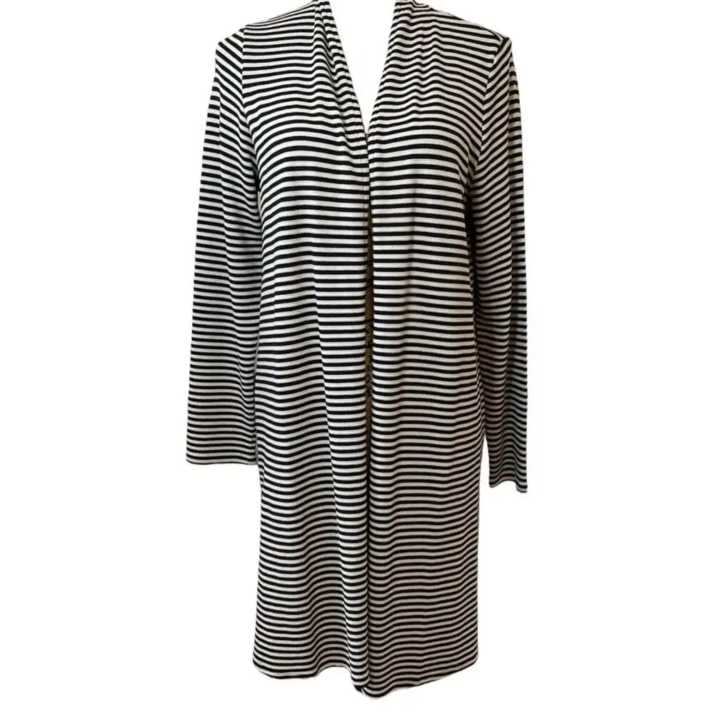J.Jill Wearever Collection Striped Open Front Duster Cardigan Small Black White